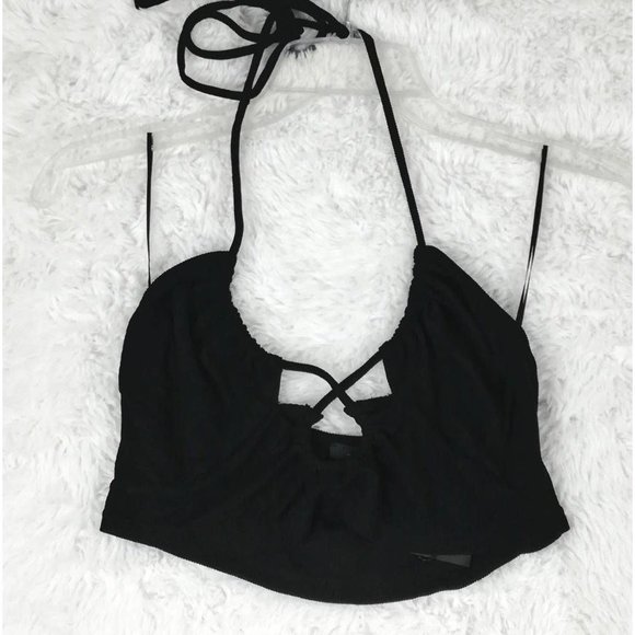 BY DYLN Womens Silo Crop Top Black Ribbed Crossover Halter Spaghetti Strap L New - Picture 1 of 9